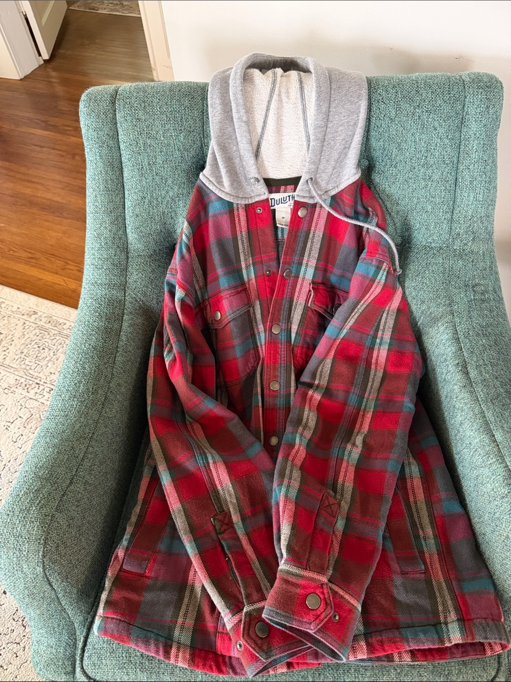 Duluth Trading Co Red and Green Plaid Hooded Flannel Jacket